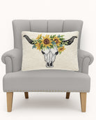 Sunflower Skull Hooked Wool Halloween Throw Pillow on an armchair, showing the throw pillow at room scale, 14x20 inch