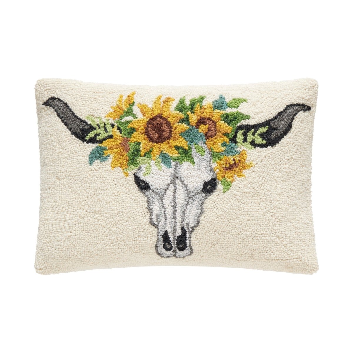 Sunflower Skull Hooked Wool Halloween Throw Pillow, 14x20 inch, front view