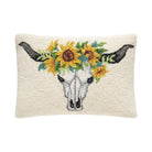 Sunflower Skull Hooked Wool Halloween Throw Pillow, 14x20 inch, front view