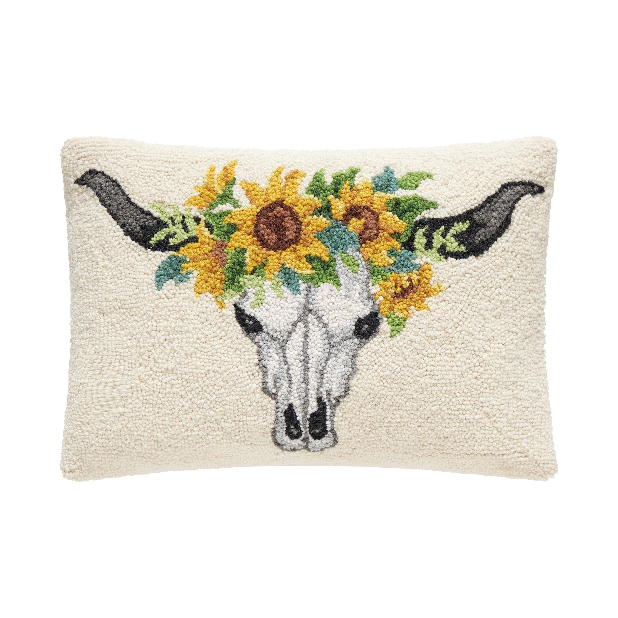 Sunflower Skull Hooked Wool Halloween Throw Pillow, 14x20 inch, front view