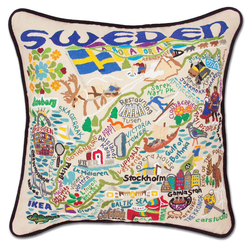 Sweden Lapland Northern Lights embroidered throw pillow with northern lights.
