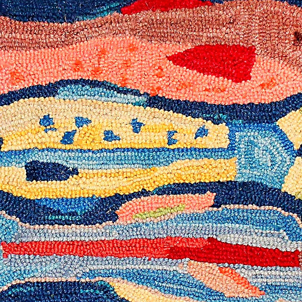 Closeup of Swimming School Fish Wildlife Wool Hooked needlepoint throw pillow highlighting hand-stitched wool craftsmanship and fabric detail