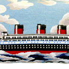 Closeup of Tall Ship Coastal Nautical needlepoint throw pillow highlighting hand-stitched wool craftsmanship and fabric detail