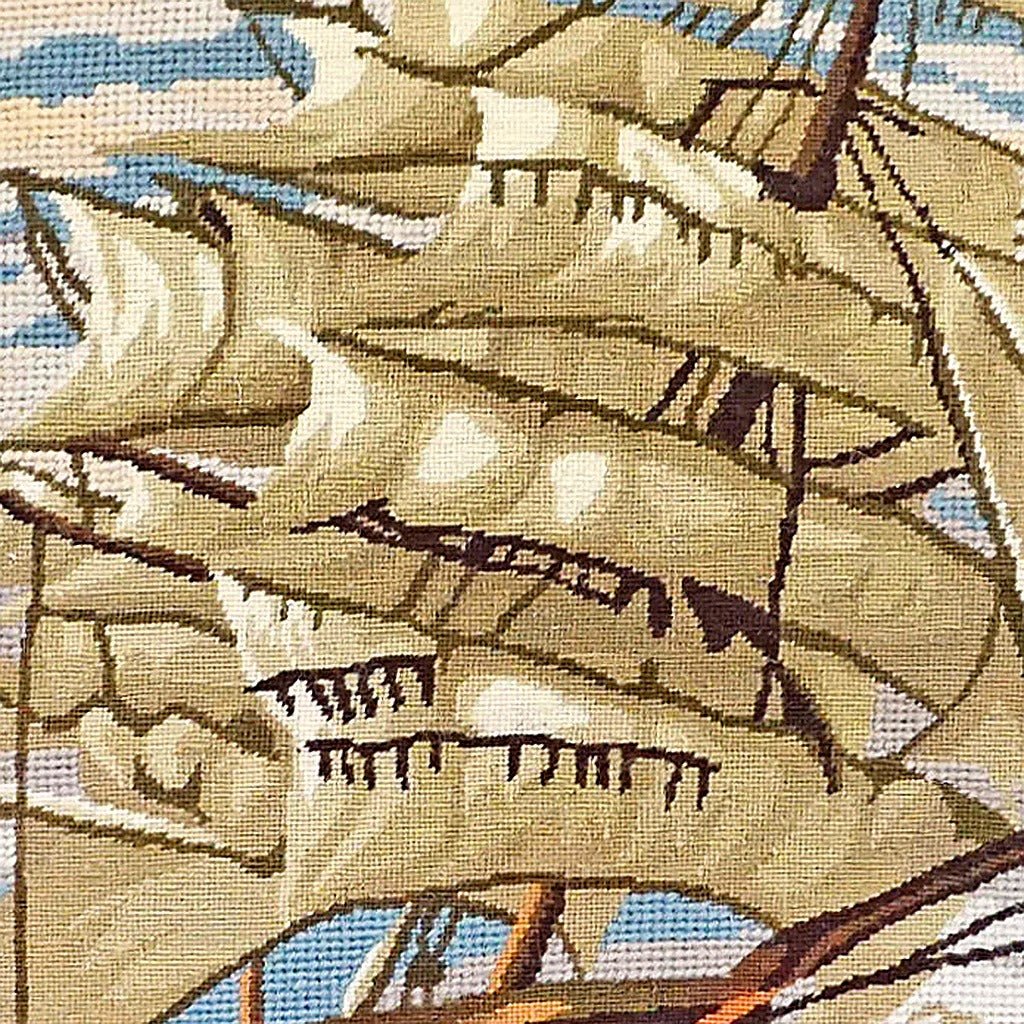 Closeup of Tall Ship Maritime Coastal needlepoint throw pillow highlighting hand-stitched wool craftsmanship and fabric detail