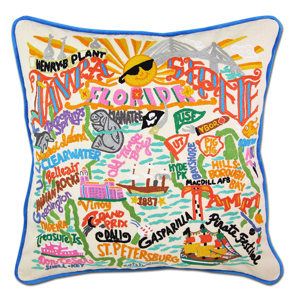 Tampa St Pete Gulf Coast embroidered throw pillow with coastal imagery.