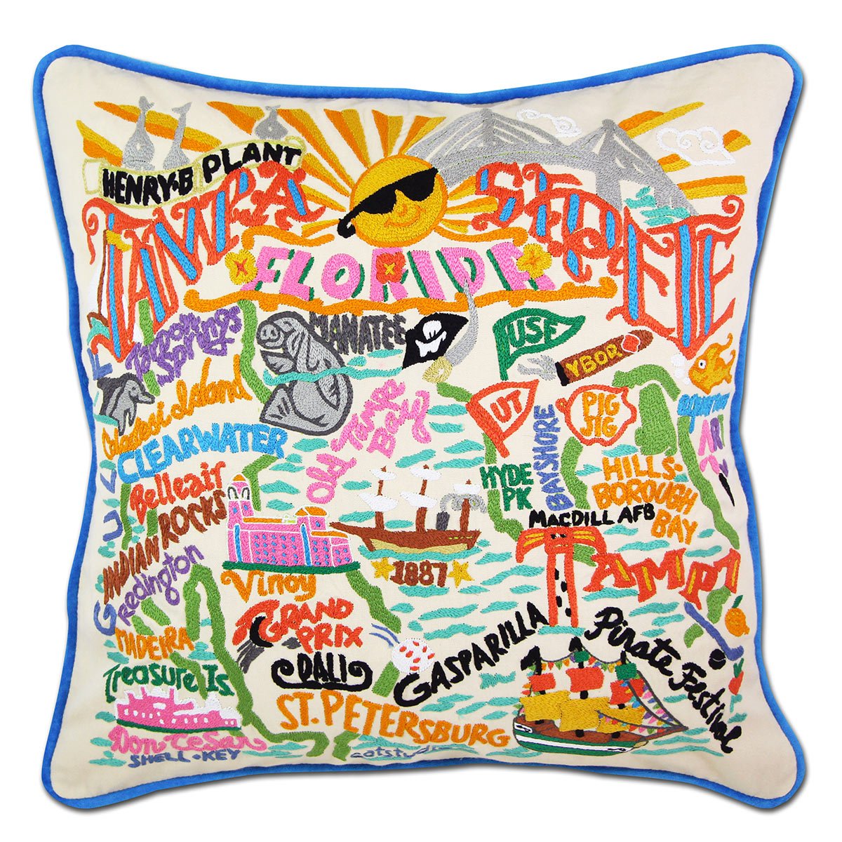 Tampa St Pete Gulf Coast hand-embroidered throw pillow showcasing iconic landmarks