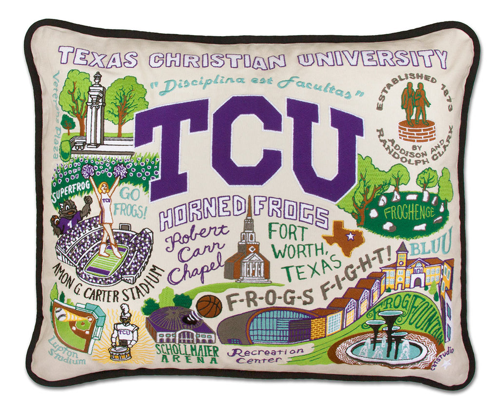 Texas Christian University TCU Horned Frogs embroidered pillow with team logo.