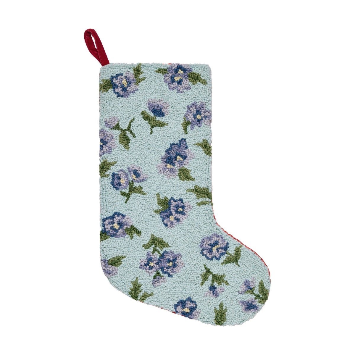 Teal & Purple Floral Hooked Wool Christmas Stocking, 12x20 inch, front view