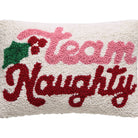 Team Naughty Hooked Wool Christmas Throw Pillow, close-up detail