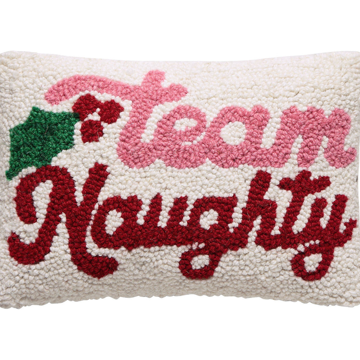 Team Naughty Hooked Wool Christmas Throw Pillow, close-up detail