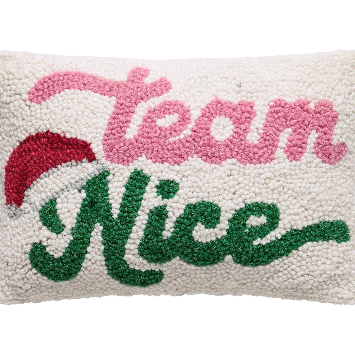 Team Nice Hooked Wool Christmas Throw Pillow, close-up detail