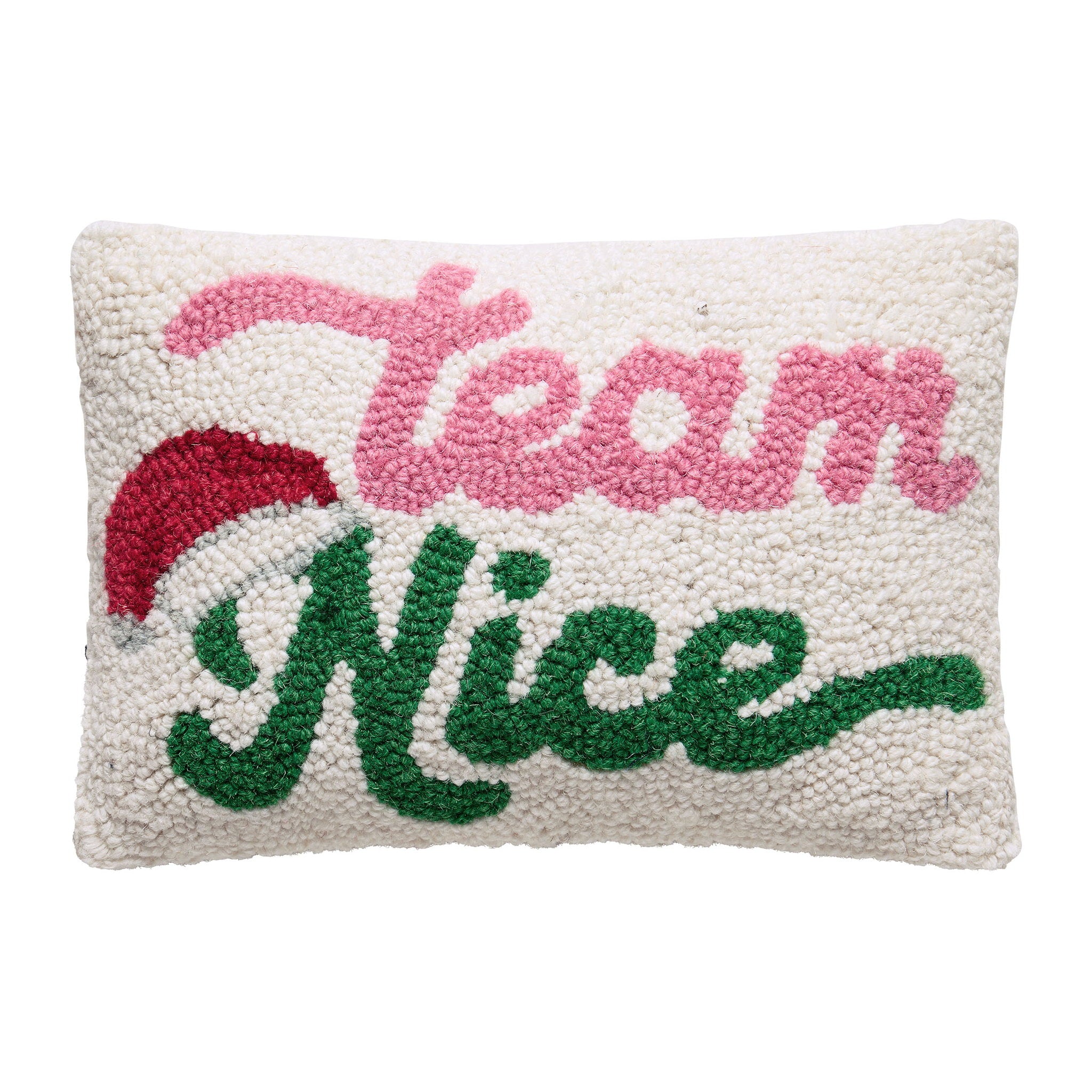 Team Nice Hooked Wool Christmas Throw Pillow, 8x12 inch, front view