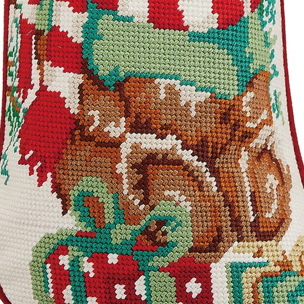 Closeup of Teddy Bear Embroidered Needlepoint Christmas Stocking showing stitch texture and craftsmanship detail