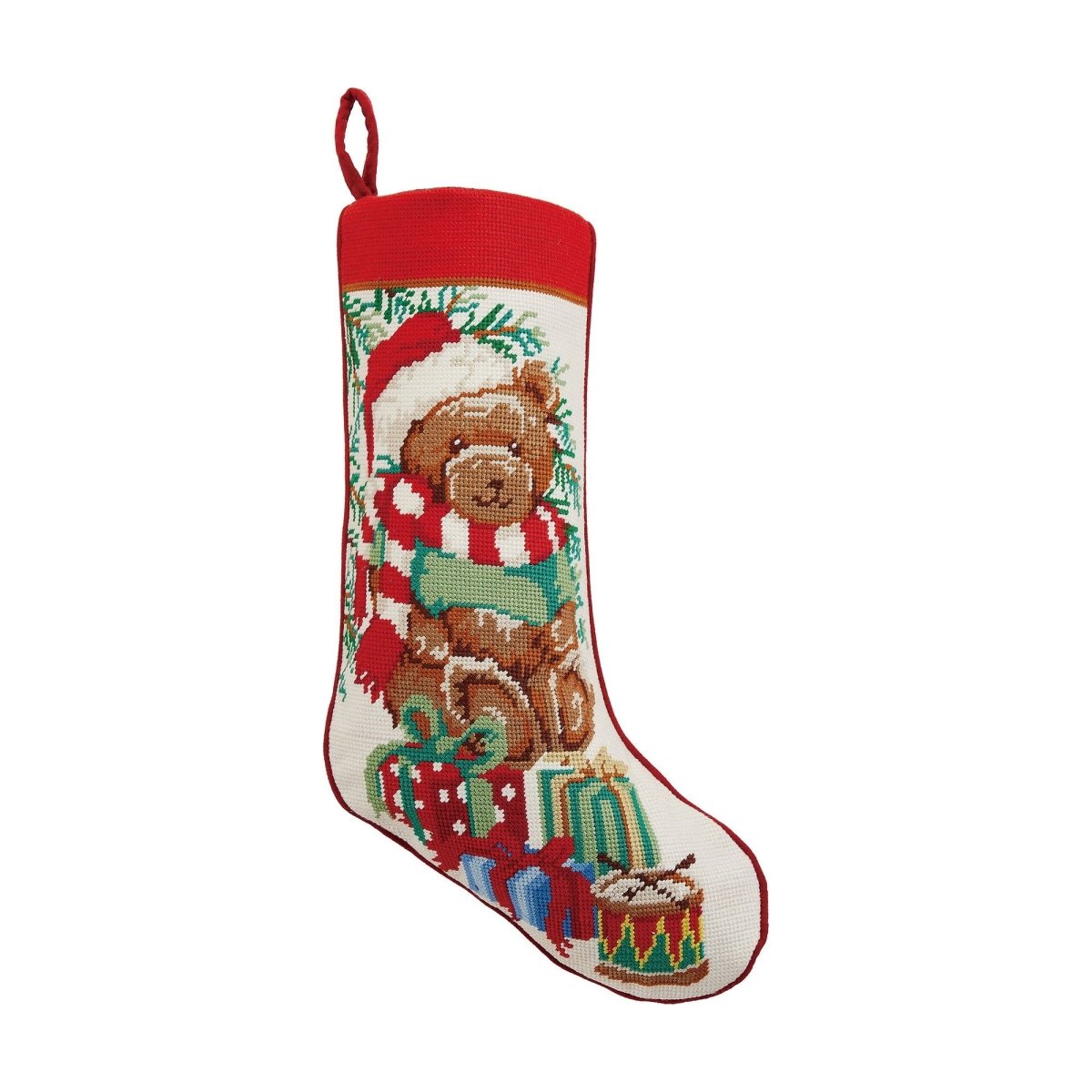 Teddy Bear Embroidered Needlepoint Christmas Stocking, 11x18 inch, front view