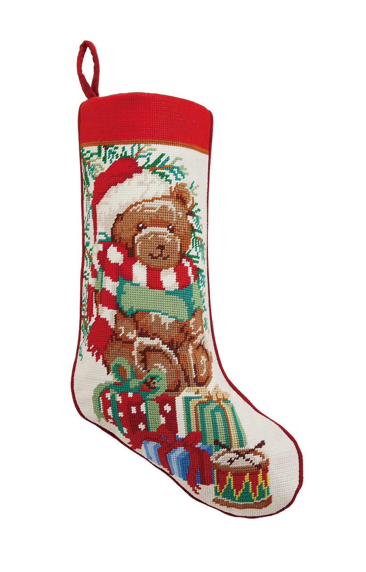 Teddy Bear Embroidered Needlepoint Christmas Stocking, 11x18 inch, front view