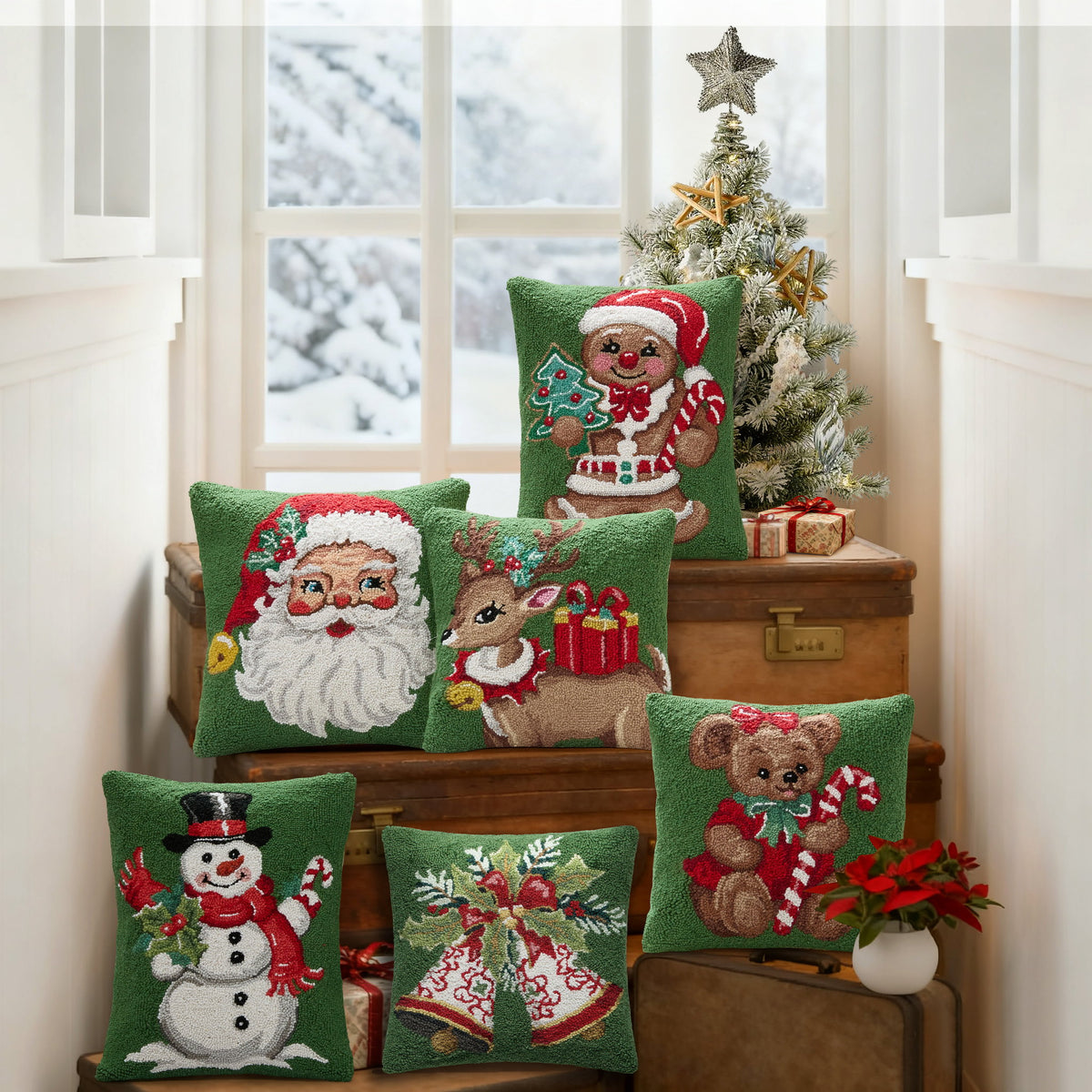 Teddy Bear Hooked Wool Christmas Throw Pillow shown alongside other designs in the same collection, 16x16 inch