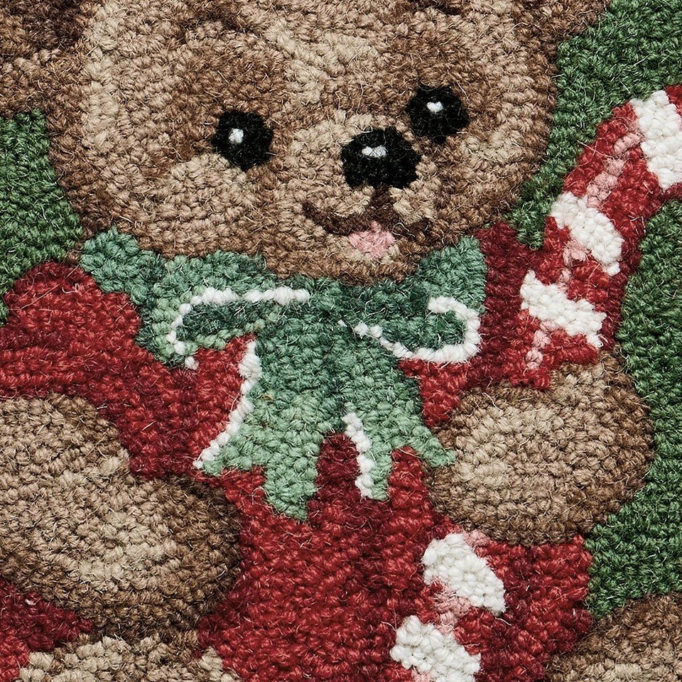 Teddy Bear Hooked Wool Christmas Throw Pillow, close-up detail