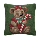 Teddy Bear Hooked Wool Christmas Throw Pillow, 16x16 inch, front view