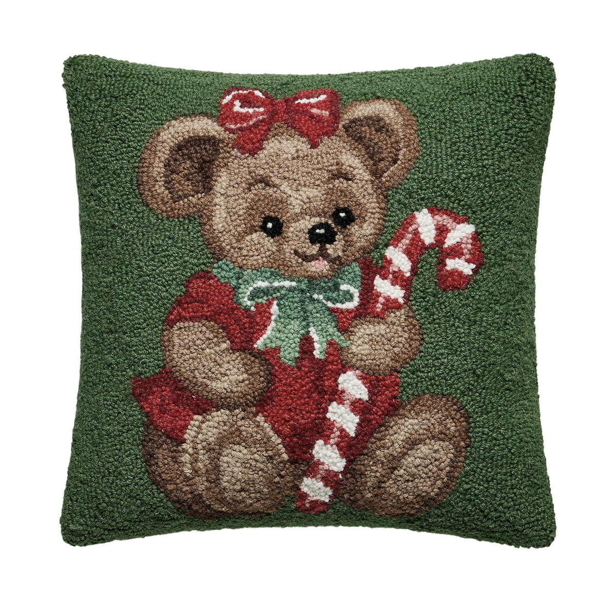 Teddy Bear Hooked Wool Christmas Throw Pillow, 16x16 inch, front view