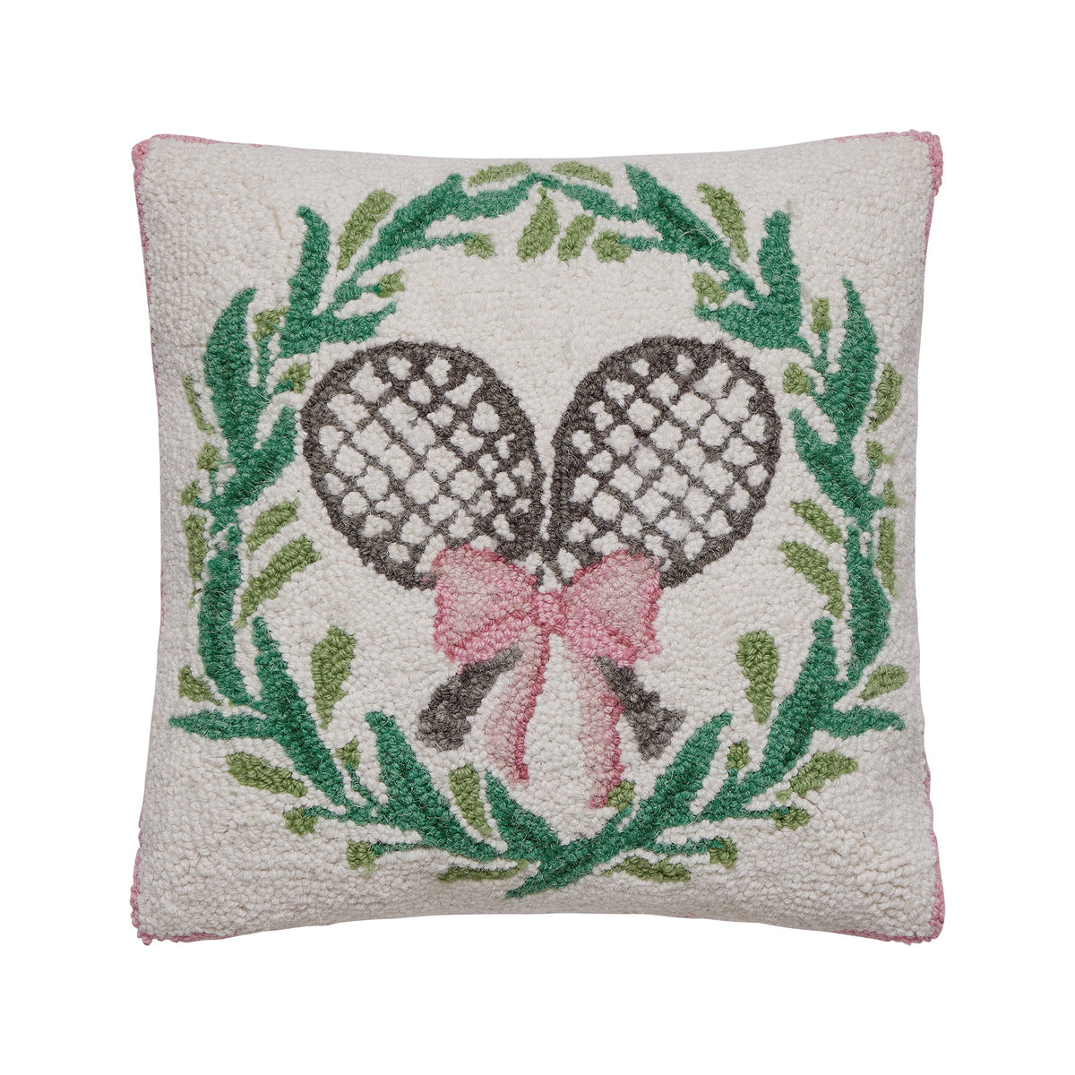 Tennis with Wreath Hooked Wool Throw Pillow, 16x16 inch, front view
