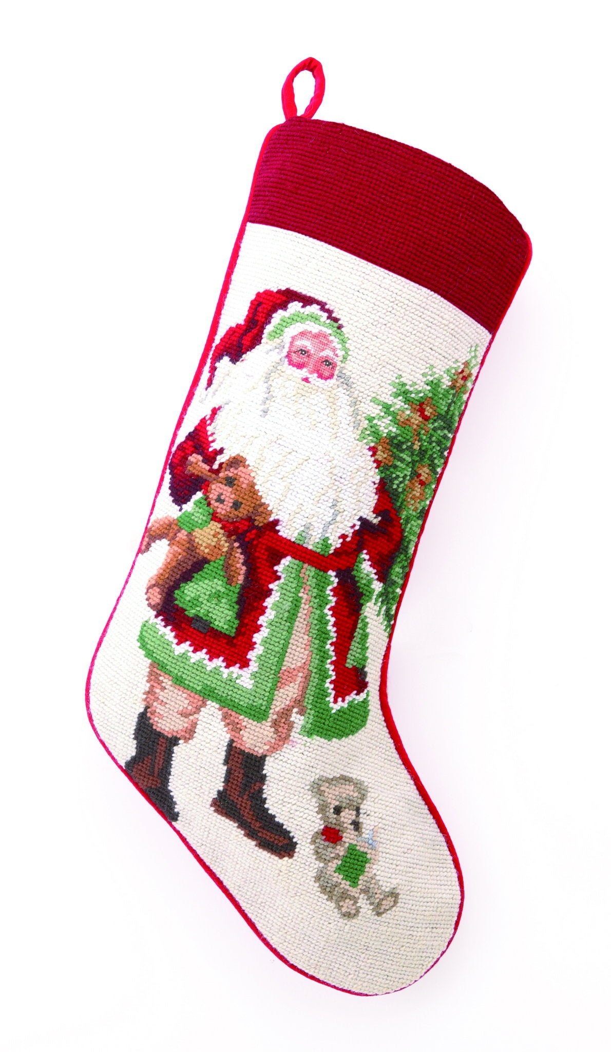 Terry Bear Santa Wool Needlepoint Christmas Stocking, 11x18 inch, front view