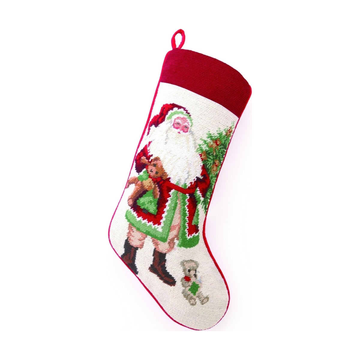 Terry Bear Santa Wool Needlepoint Christmas Stocking, 11x18 inch, front view