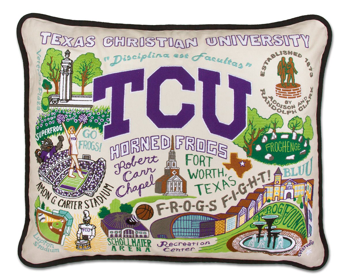 Texas Christian University Horned Frogs hand-embroidered throw pillow featuring school colors and mascot imagery