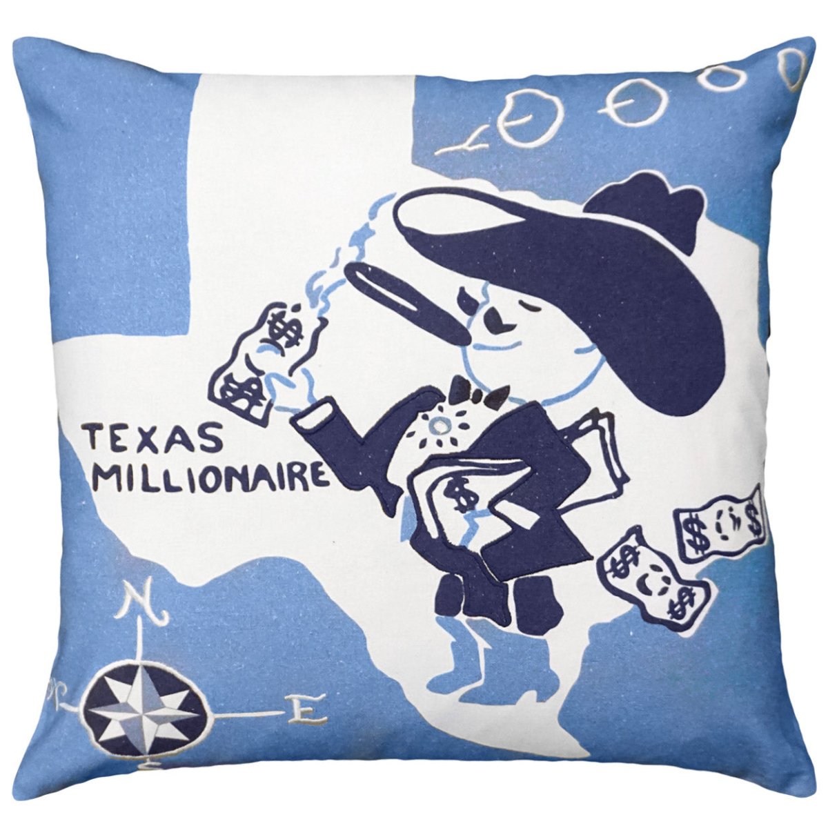 Texas Millionaire Cowboy Retro needlepoint throw pillow showcasing iconic landmarks