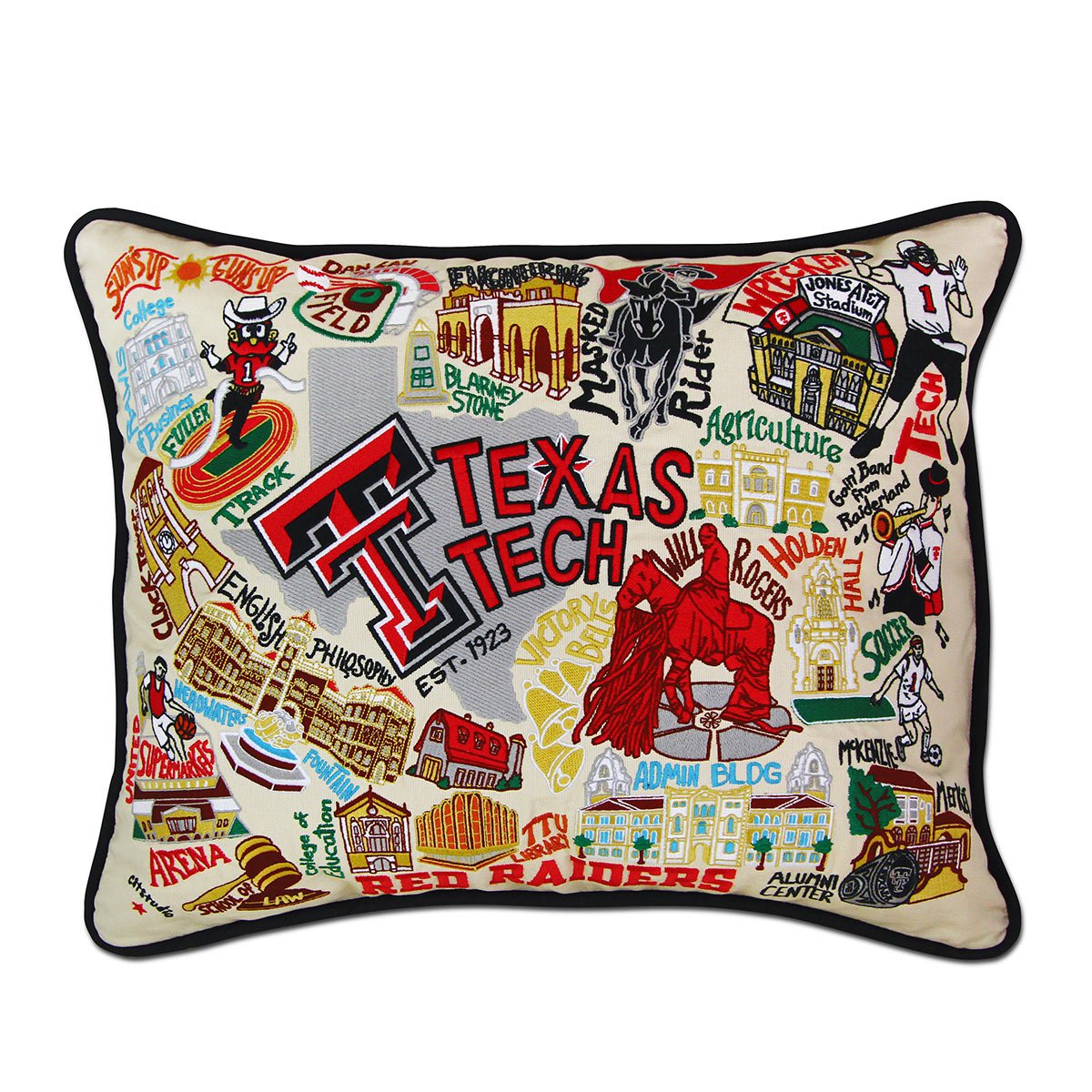 Texas Tech University Red Raiders hand-embroidered throw pillow featuring school colors and mascot imagery