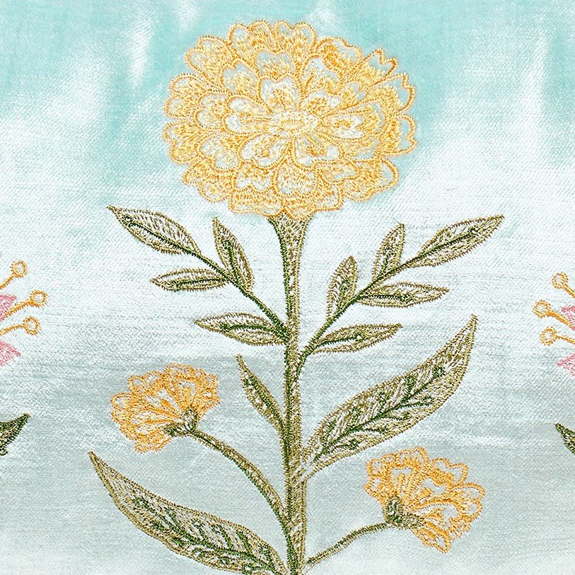 Three Blooms Blue Spring Mughal Embroidered Throw Pillow, close-up detail