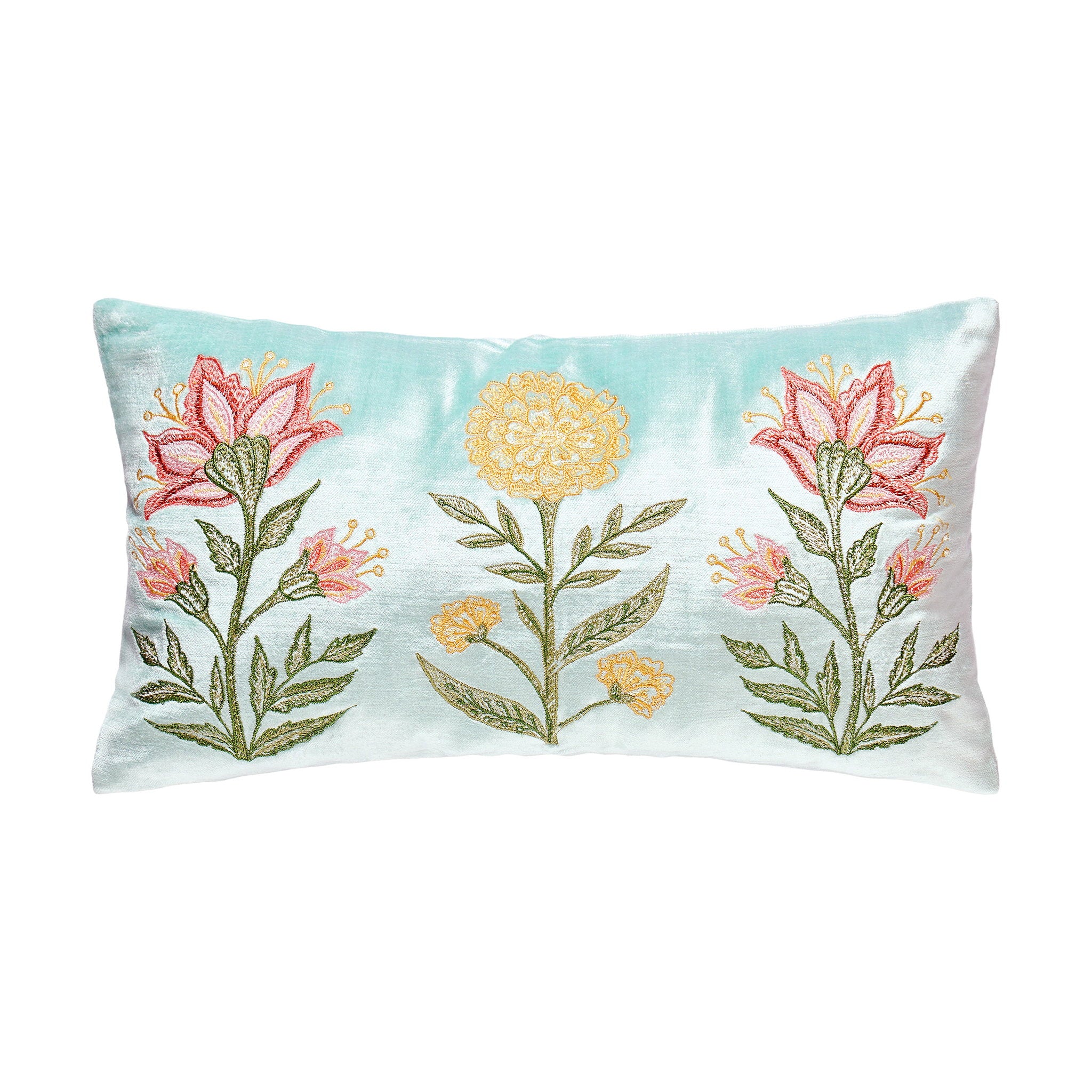 Three Blooms Blue Spring Mughal Embroidered Throw Pillow, 9x16 inch, front view