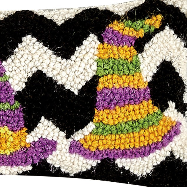 Three Striped Witch Hats Hooked Wool Halloween Throw Pillow, close-up detail