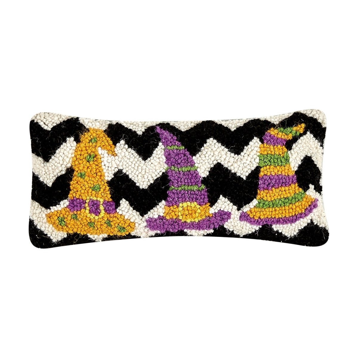 Three Striped Witch Hats Hooked Wool Halloween Throw Pillow, 12x5 inch, front view