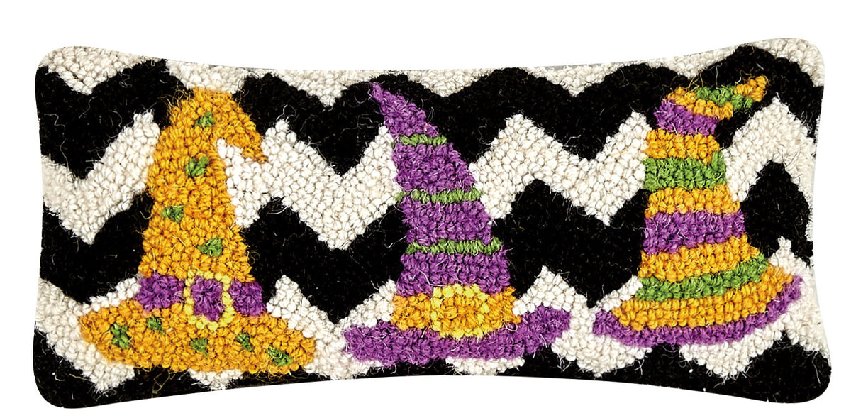 Three Striped Witch Hats Hooked Wool Halloween Throw Pillow, 12x5 inch, front view