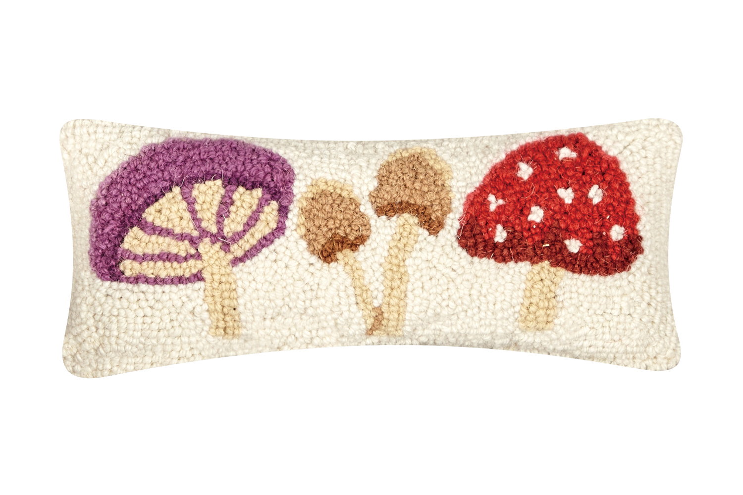 Toadstool Trio Mushrooms Hooked Wool Throw Pillow, 12x5 inch, front view