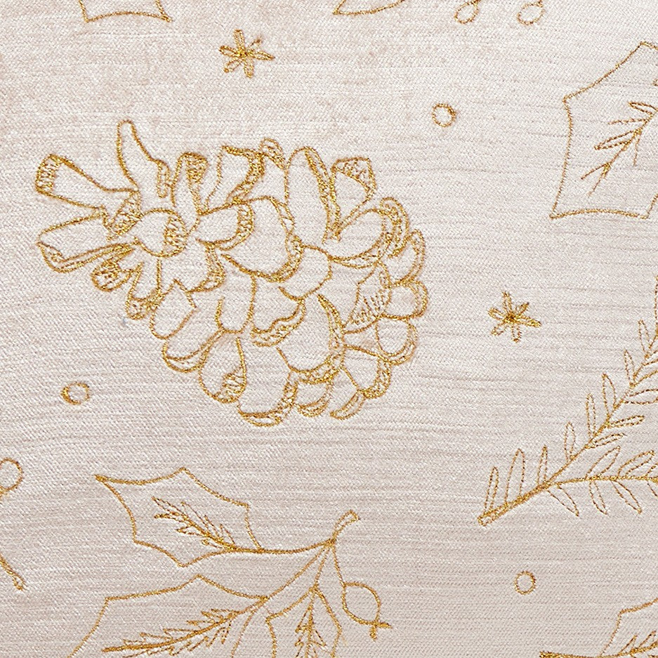 Tossed Foliage Champagne Velvet Embroidered Christmas Throw Pillow, close-up detail