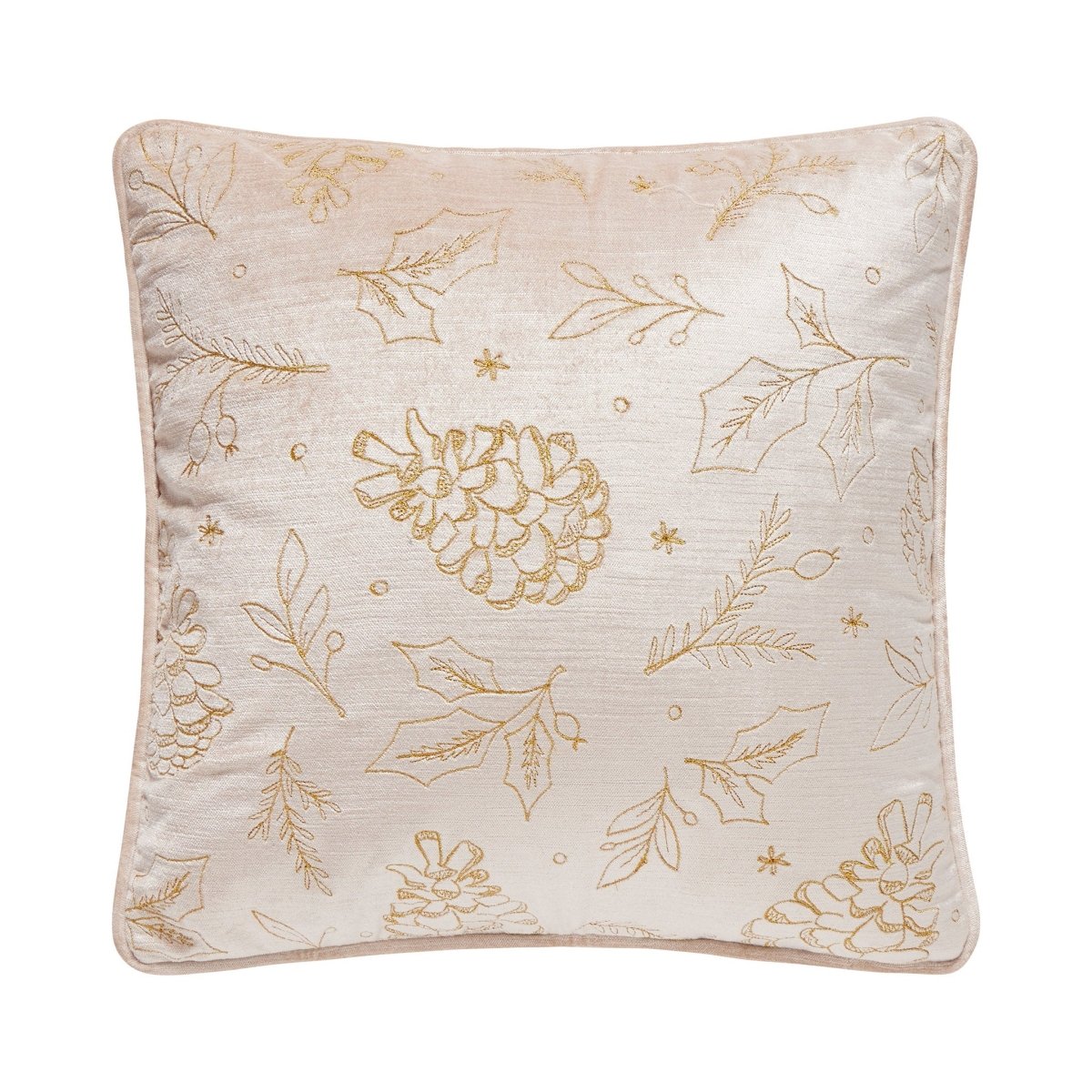 Tossed Foliage Champagne Velvet Embroidered Christmas Throw Pillow, 16x16 inch, front view