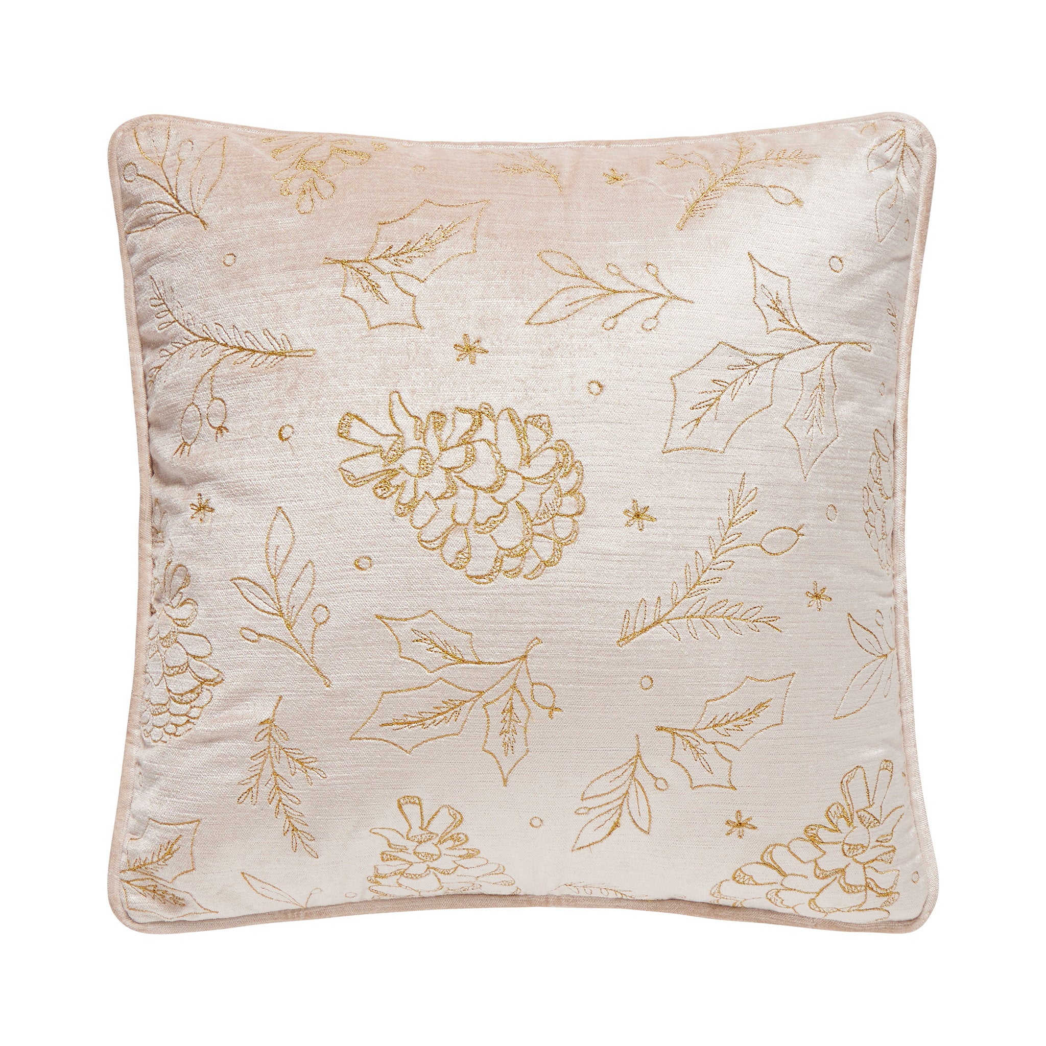 Tossed Foliage Champagne Velvet Embroidered Christmas Throw Pillow, 16x16 inch, front view