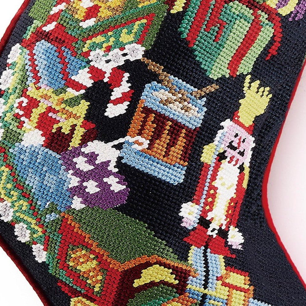 Closeup of Toy Train Embroidered Christmas Stocking showing stitch texture and craftsmanship detail