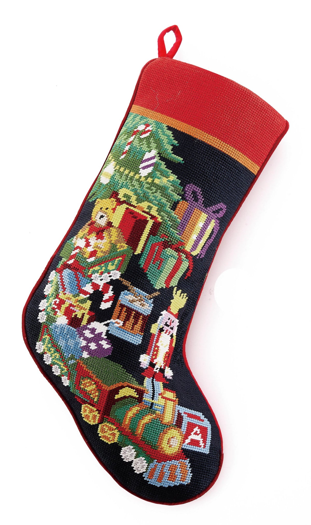 Toy Train Embroidered Christmas Stocking, 11x18 inch, front view