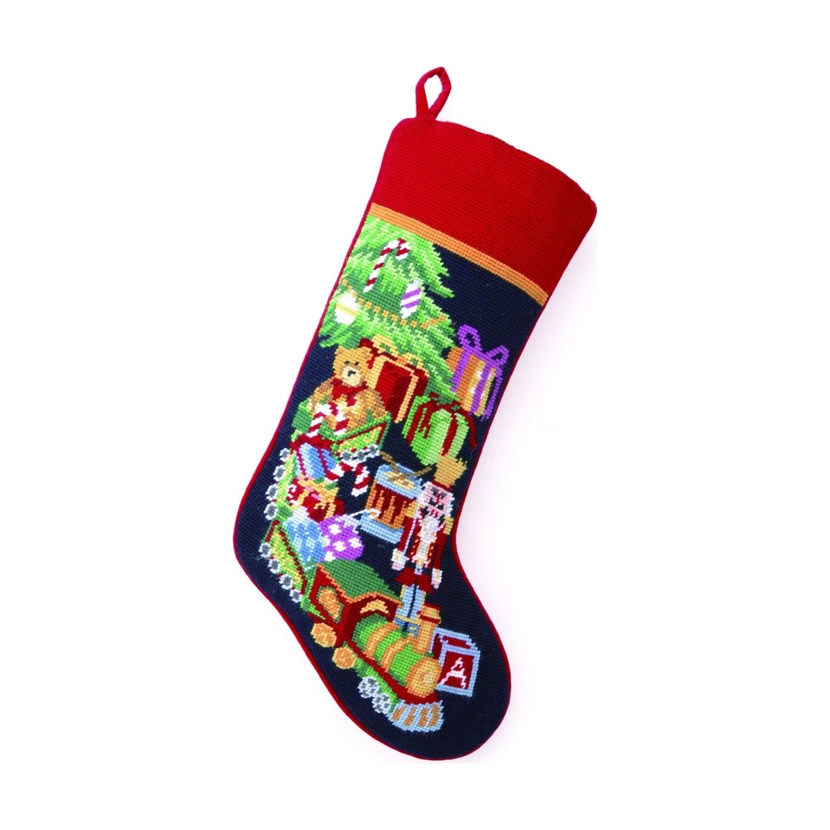 Toy Train Needlepoint Christmas Stocking, 11x18 inch, front view