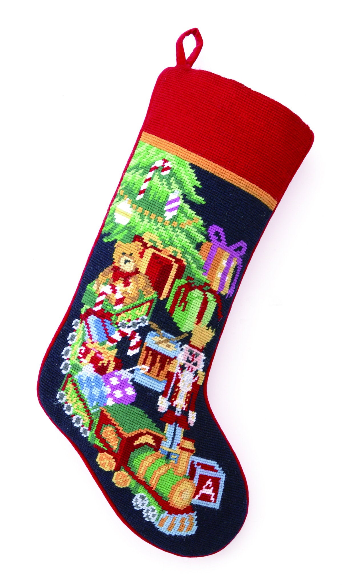 Toy Train Needlepoint Christmas Stocking, 11x18 inch, front view