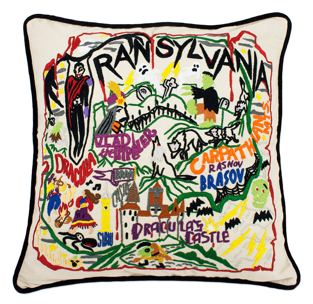 Transylvania Scary Halloween embroidered throw pillow with spooky design.