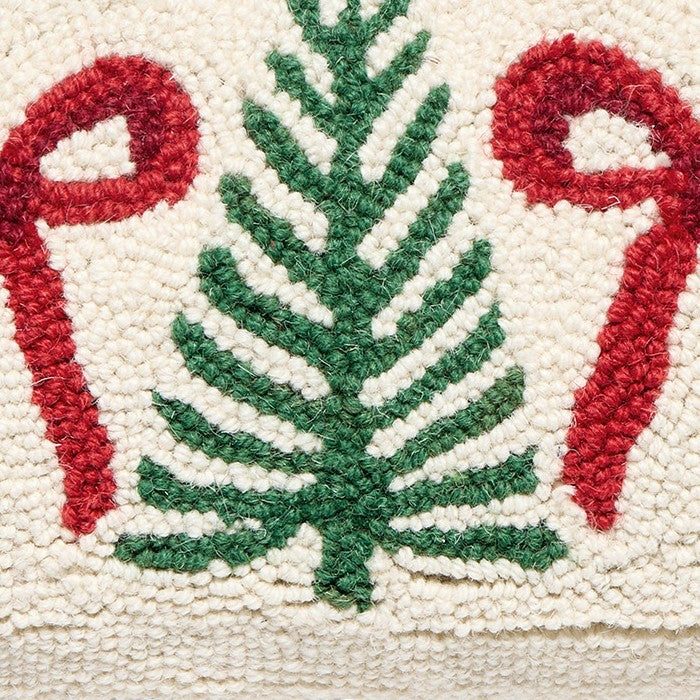 Tree Bow Hooked Wool Christmas Throw Pillow, close-up detail