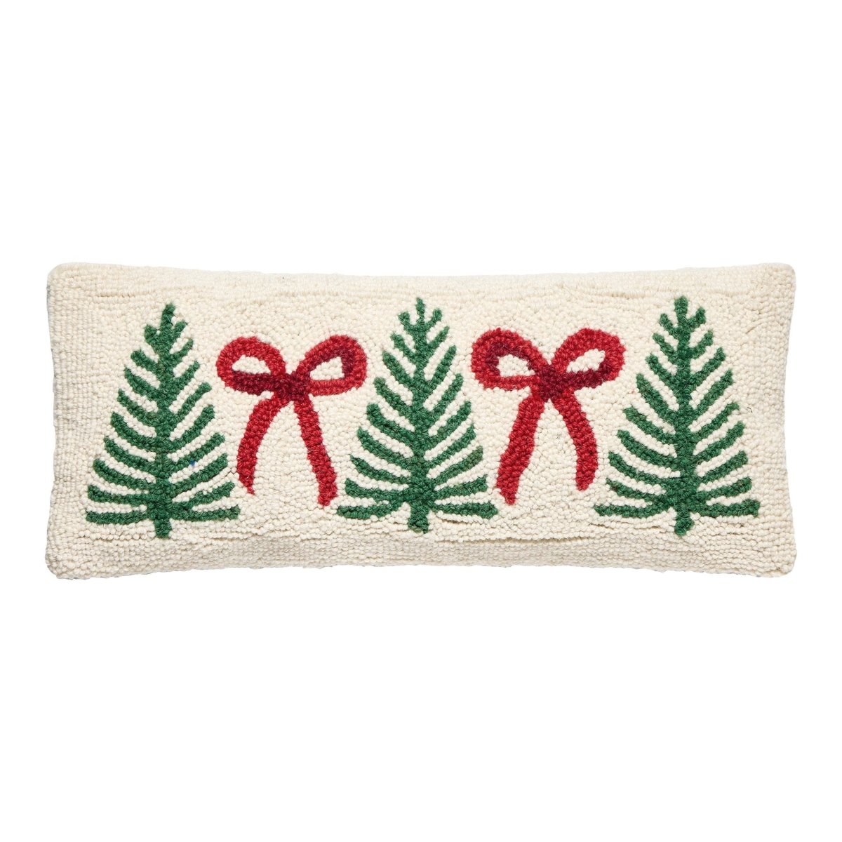 Tree Bow Hooked Wool Christmas Throw Pillow, 8x20 inch, front view