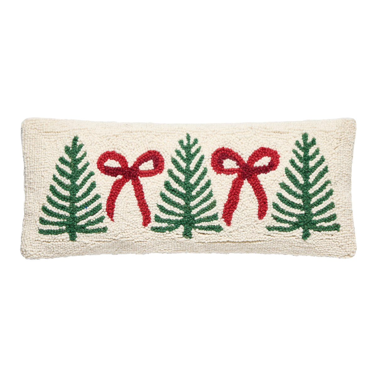 Tree Bow Hooked Wool Christmas Throw Pillow, 8x20 inch, front view