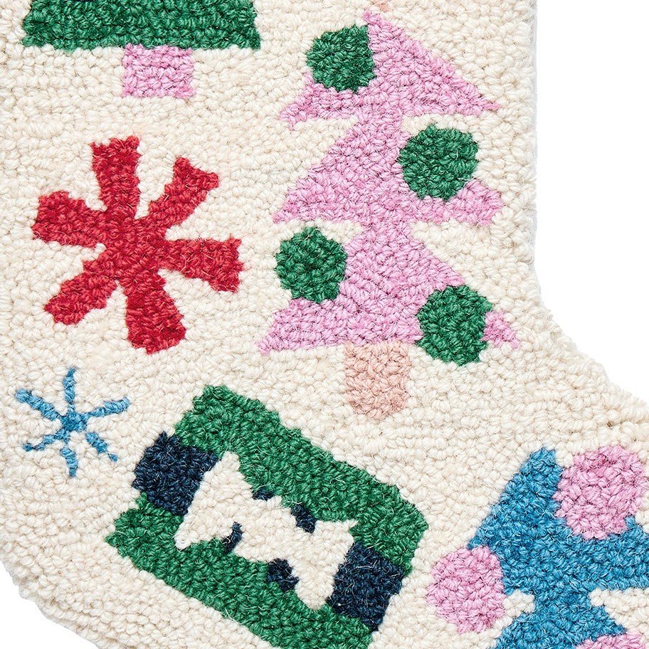 Tree Presents Hooked Wool Christmas Stocking, close-up detail