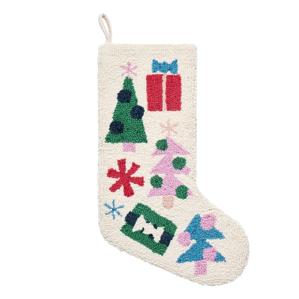 Tree Presents Hooked Wool Christmas Stocking, 12x20 inch, front view