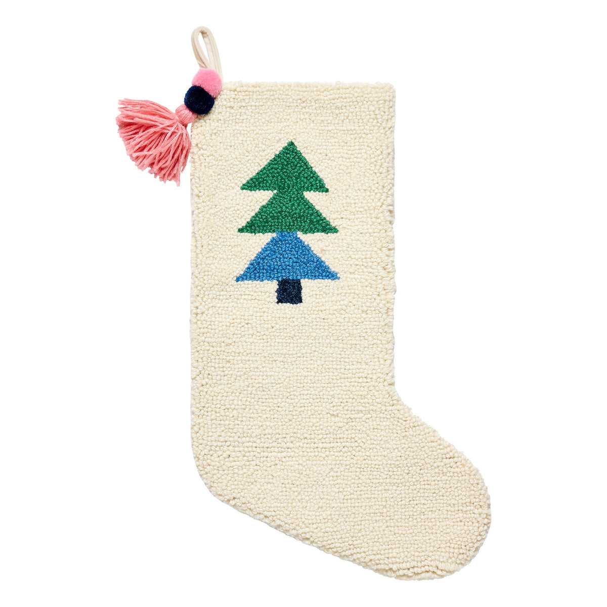 Tree with Tassel Hooked Wool Christmas Stocking, 12x20 inch, front view
