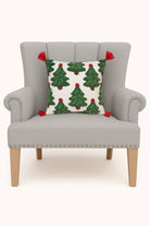 Trees with Tassels Tufted Hooked Wool Christmas Throw Pillow on an armchair, showing the throw pillow at room scale, 16x16 inch